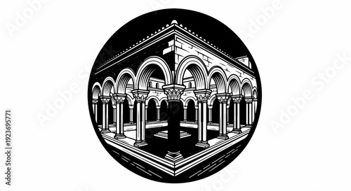 Ornate Romanesque cloister with arched colonnade and stone architecture