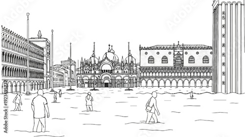 Sketch of a flooded city square with people wading through water