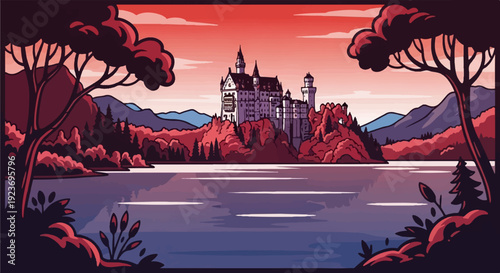 Pixel art castle reflected in a tranquil lake during sunset
