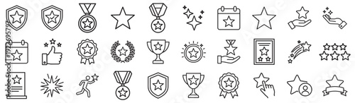 Star award and achievement outline icon set, medals, trophies, badges, shields and rating symbols isolated on transparent background