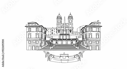 Ornate staircase leading to domed buildings with an obelisk and fountain