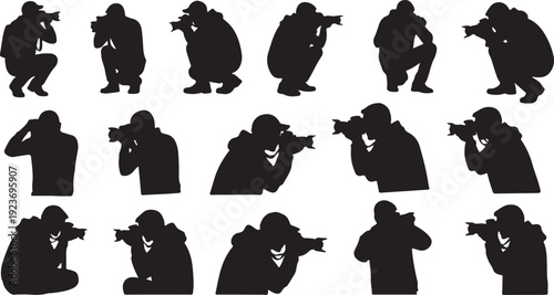 Silhouettes of photographers in various poses and actions shooting