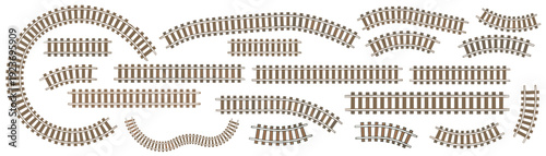 Railway railroad track vector set, curved and straight train rail segments, top view transport elements on transparent background