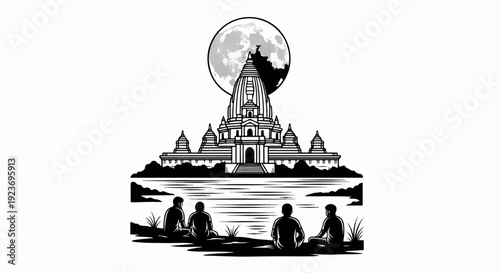 People sit by the water facing a grand temple under a full moon