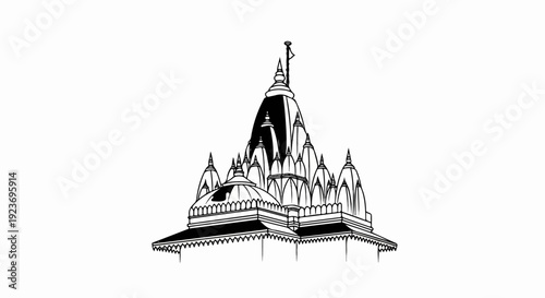 Ornate spire-like structure with multiple tiered roofs and a flag