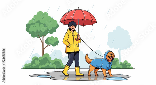 Person and dog walk in the rain under an umbrella in nature