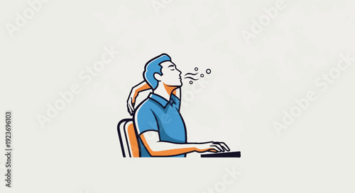 Person at computer stretching neck, exhaling, with bubbles