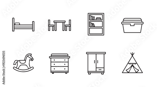 Children's Furniture Icons Set: Bed, Table, Bookshelf, Toy Box, Rocking Horse, Dresser, Wardrobe, Tent