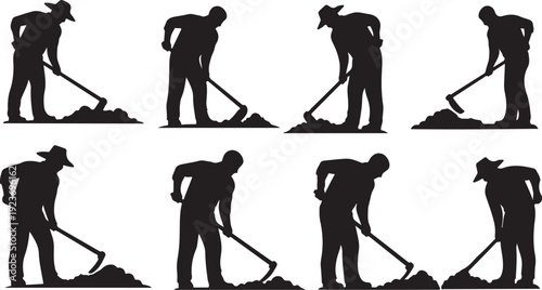 Silhouette of a man shoveling dirt in various positions