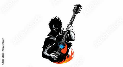 Silhouette musician playing flaming acoustic guitar