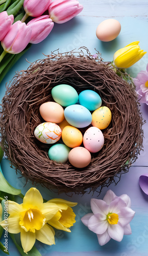 Happy easter. Flowers and eggs in nest