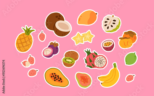 Set of tropical fruits. Persimmon, banana, pineapple, etc. Vector illustration of exotic fruits on a white background.