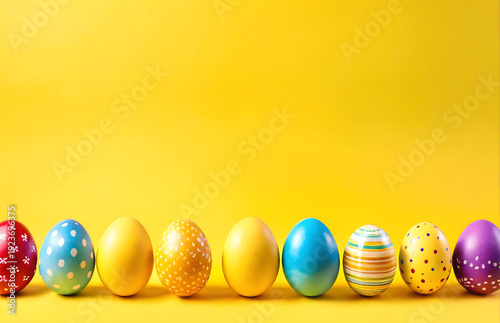 Row of easter painted eggs on yellow background.