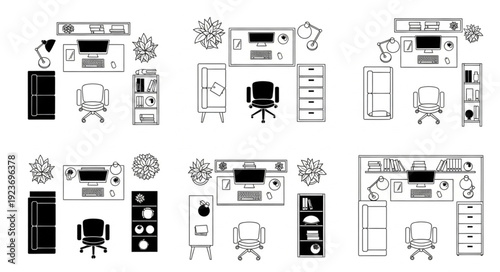 Office space layout designs featuring desks, chairs, and storage solutions.