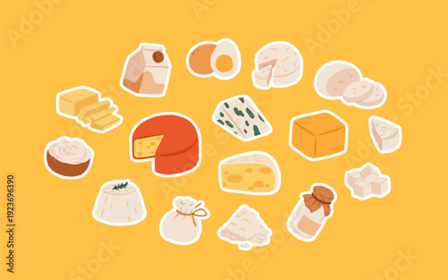 Flat vector dairy and cheese products set isolated on white background. Milk, butter, eggs, cream, yogurt, cottage cheese, parmesan, cheddar, blue cheese, cheese cubes, dairy food collection