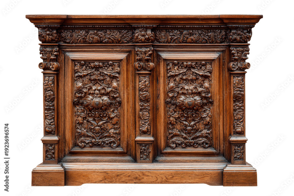 Fototapeta premium Antique ornate carved wooden cabinet isolated on transparent background. Antique ornate carved wood furniture detail, vintage texture isolated on white background.