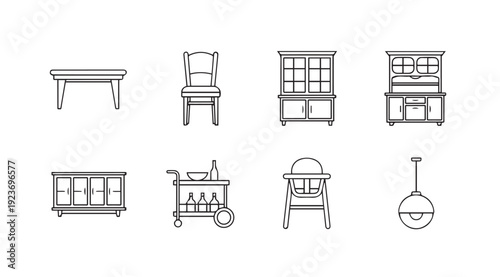 Collection of Antique Furniture Icons: Table, Chair, Cabinet, Hutch, Cart, High Chair, Pendant Light