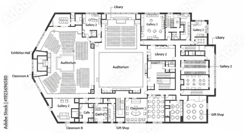 Detailed architectural floor plan showcasing the layout of a large building complex.