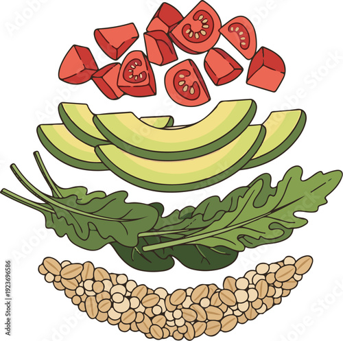 A colorful illustration of fresh vegetables and grains for a healthy meal