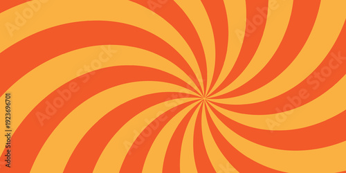 Retro candy cane spiral background with sweet cream swirls. Yellow and Red whirlpool bg. Whimsical Y2K vortex pattern featuring orange radial beams in psychedelic cartoon style.