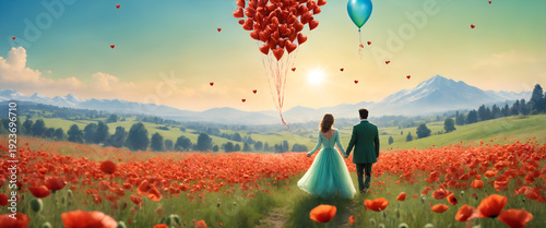 Valentines day. Couple with heart shaped balloons outdoors