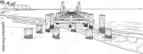 Old wooden pier posts in shallow ocean waves with tropical coastline background