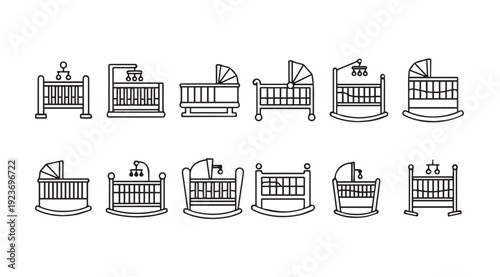 Collection of baby crib and cradle line art icons, various styles for newborn sleep