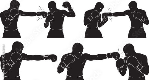 Boxer Silhouettes in Various Fighting Poses and Actions Combined