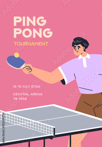 Ping pong tournament card. Promotion flyer design for table tennis contest, competition, match. Athlete player with racket and ball at championship, placard, poster. Flat vector illustration