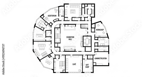 Architectural floor plan of a building with multiple rooms and sections, detailed design.