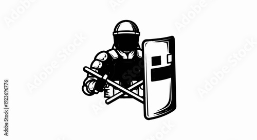 Riot policeman with helmet, shield and batons in black and white