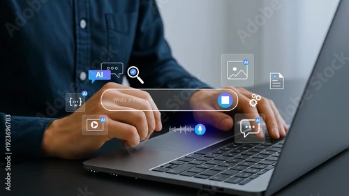Digital Creator Using Generative AI Tools for Text, Image, Code, Video and Voice Content Creation in Modern Workspace, 4k video clip