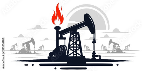 Oil rig with flames, pumps in background, grey clouds, sunrise, landscape