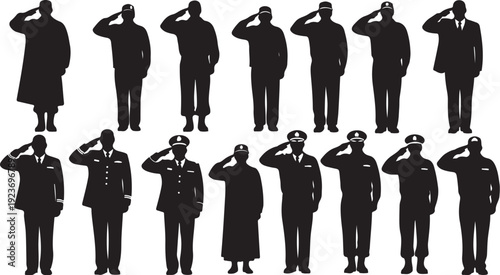 Silhouettes of people saluting in various uniforms and attire