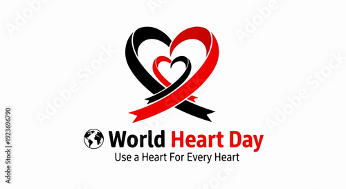 Ribbons form hearts around a smaller heart with globe and text