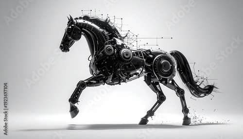 Sleek, mechanical horse in mid-gallop, futuristic design on white backdrop