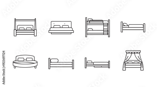 Collection of Bed Icons: Canopy, Bunk, Four-Poster, Round, and More - Stock Media