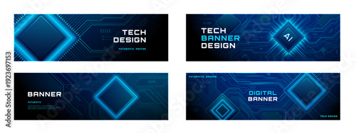 Modern tech banner set with circuit patterns and AI elements. Four digital templates featuring blue abstract backgrounds, glowing data lines, and futuristic design for business presentations. Vector