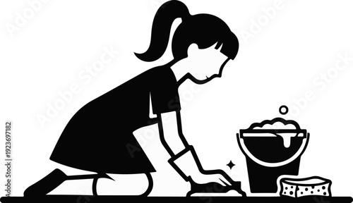 Person kneeling, cleaning floor with a sponge and bucket of soapy water