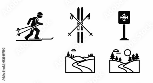 Set of icons representing skiing, winter, and nature landscapes