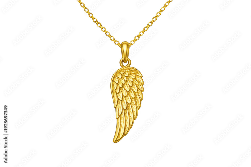 Naklejka premium Gold angel wing pendant hanging on a necklace