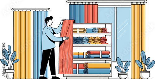 Person organizing rolled textiles on shelves next to curtains and plants