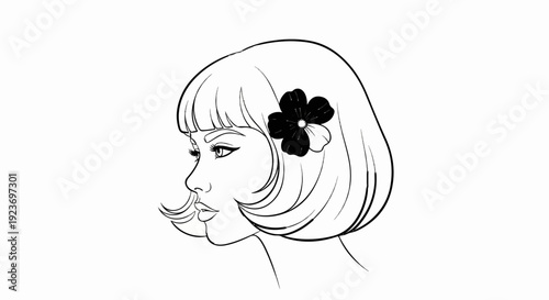 Profile of a woman with short bobbed hair adorned with a flower