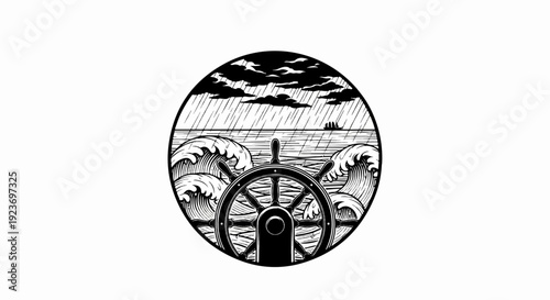 Nautical scene with ship's wheel, stormy seas, and distant vessel