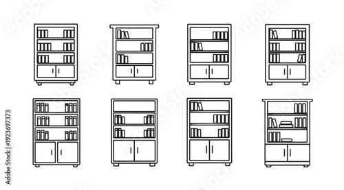 Collection of Bookcase Line Art Icons - Various Designs
