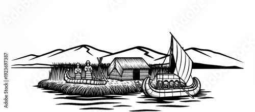 Reed islands with small huts, people, and boats, against a mountain backdrop