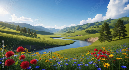 Serene meadow with meandering river, rolling hills, and vibrant wildflowers under a blue sky