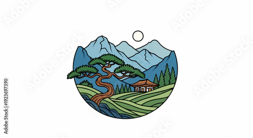 Serene mountainous landscape with traditional house and ancient tree