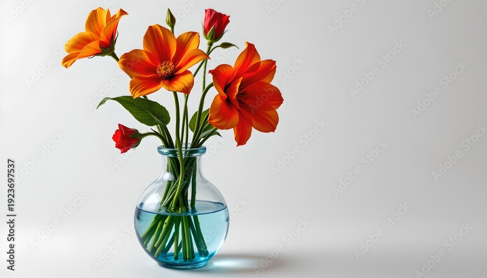 Fototapeta premium A vase filled with water and vibrant orange flowers, placed against a minimalist background.