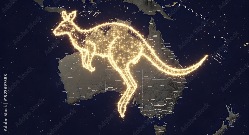 Fototapeta premium Australia Kangaroo Light Map Illustration – Glowing Animal Outline on Country Map Representing National Wildlife Symbol